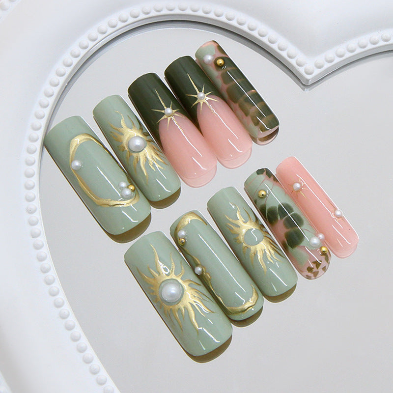 Celestial Dream Long Square Green and Pink Marble Press on Nail Set with Pearl and Gold Accents