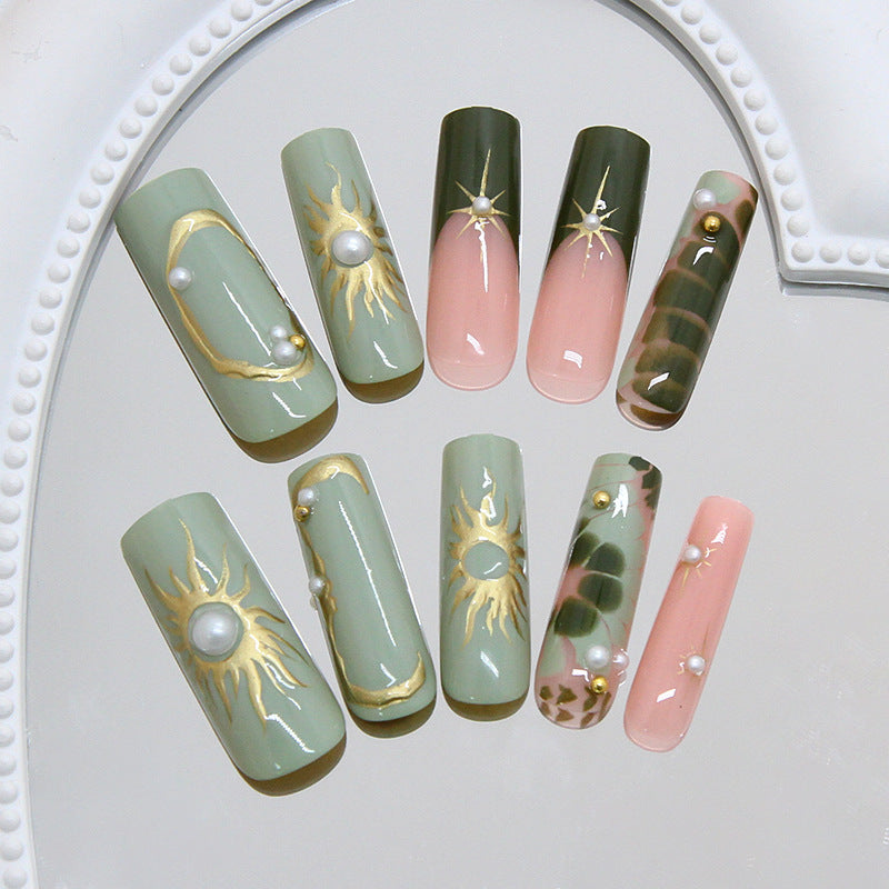Celestial Elegance Long Square Green and Pink Press On Nail Set with Pearl Accents and Gold Detailing