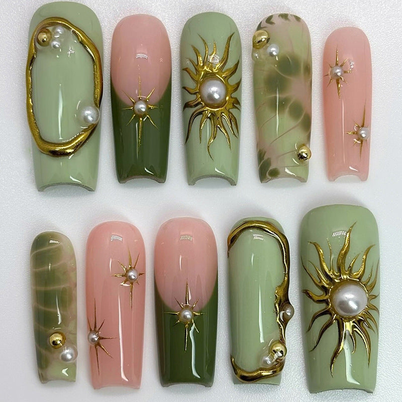 Celestial Charm Long Square Green and Pink with Pearl and Gold Accents Press on Nail Set