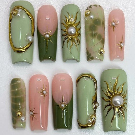 Celestial Charm Long Square Green and Pink with Pearl and Gold Accents Press on Nail Set