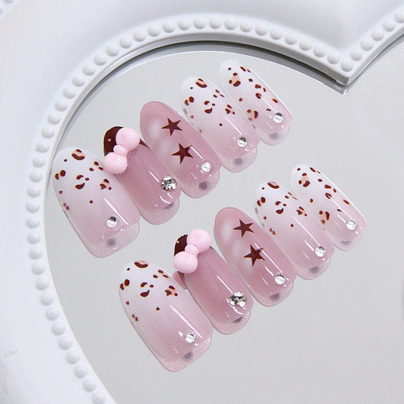 Whimsical Glamour Long Oval Pink with Brown Spots and Charming Decorative Accents Press On Nail Set