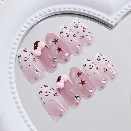 Whimsical Glamour Long Oval Pink with Brown Spots and Charming Decorative Accents Press On Nail Set