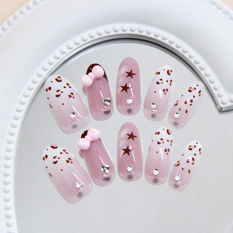 Whimsical Delight Long Oval Blush Pink with Sparkling Stars and Adorable Bow Press on Nail Set