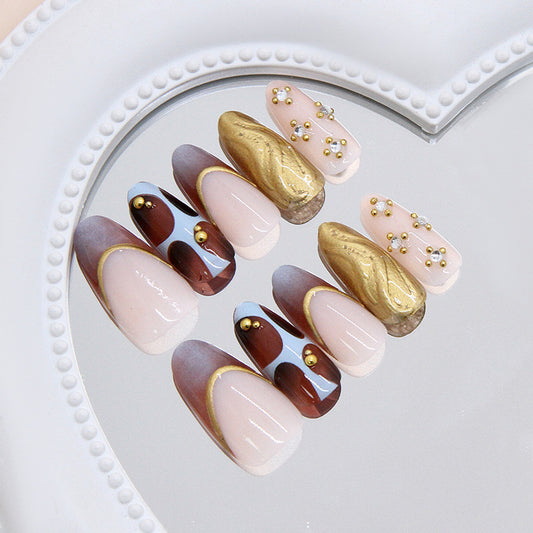 Elegant Autumn Vibes Long Almond Shaped Brown and Gold Press On Nail Set with Unique Artful Accent Decor