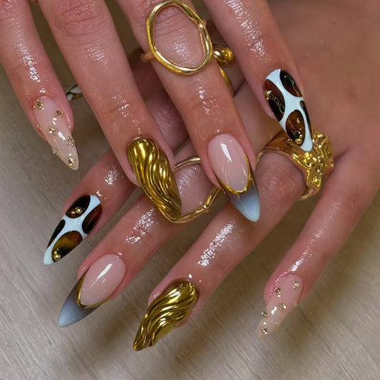 Glamorous Elegance Long Almond Blue and White with Luxurious Gold Accent Press-On Nail Set