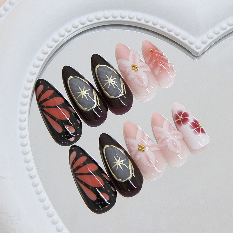 Moonlit Garden Elegant Long Almond Press On Nails in Vibrant Red Black Pink with Floral Accents