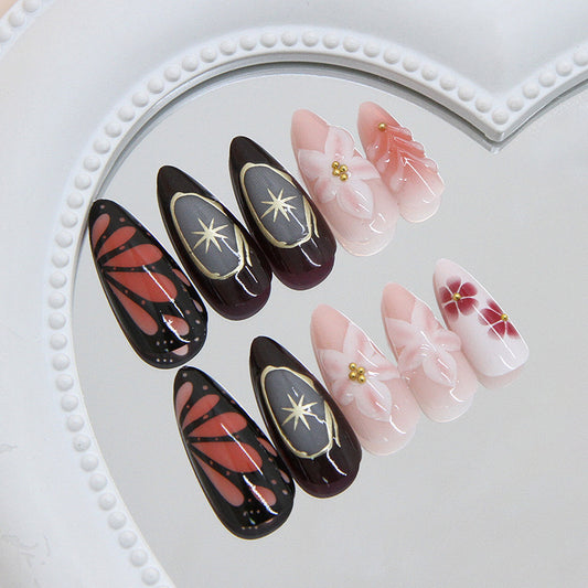 Moonlit Garden Elegant Long Almond Press On Nails in Vibrant Red Black Pink with Floral Accents