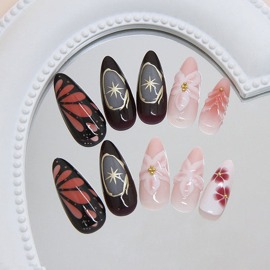 Mystical Garden Long Almond Black and Pink Floral Design Press on Nail Set