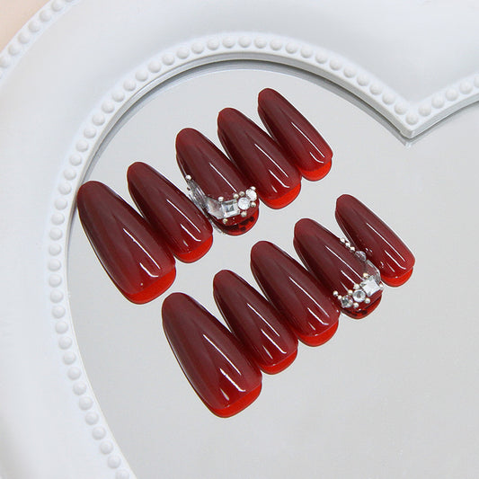 Glamorous Red Long Almond Press On Nail Set with Sparkling Gems