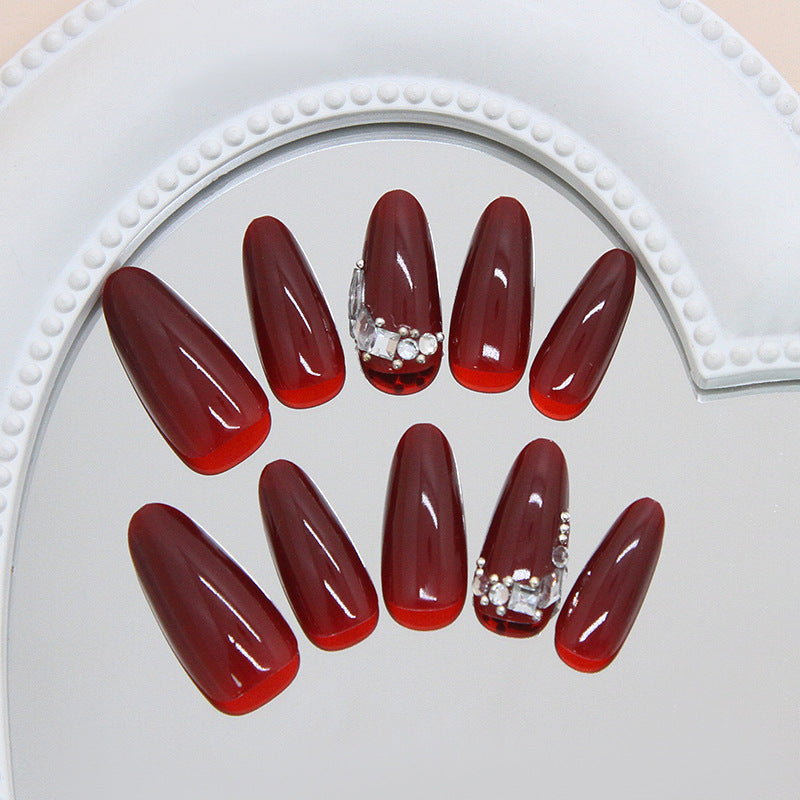 Glamorous Elegance Long Almond Red Press On Nail Set with Stunning Crystal Accent