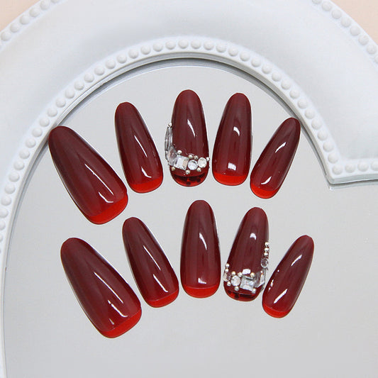 Glamorous Elegance Long Almond Red Press On Nail Set with Stunning Crystal Accent