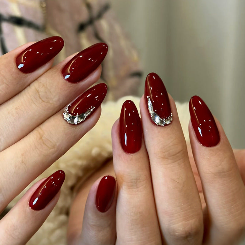 Glamorous Ruby Long Almond Shaped Long Press On Nails with Sparkling Embellishment