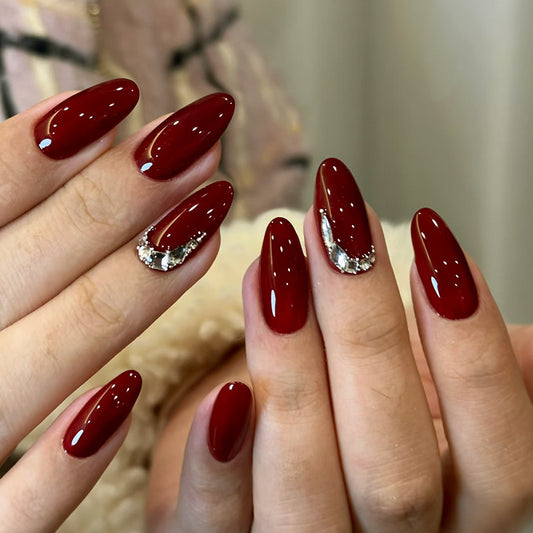 Glamorous Ruby Long Almond Shaped Long Press On Nails with Sparkling Embellishment