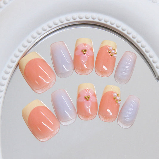 Serene Blossom Medium Square Peach and Lavender Press-On Nail Set with Floral Accents