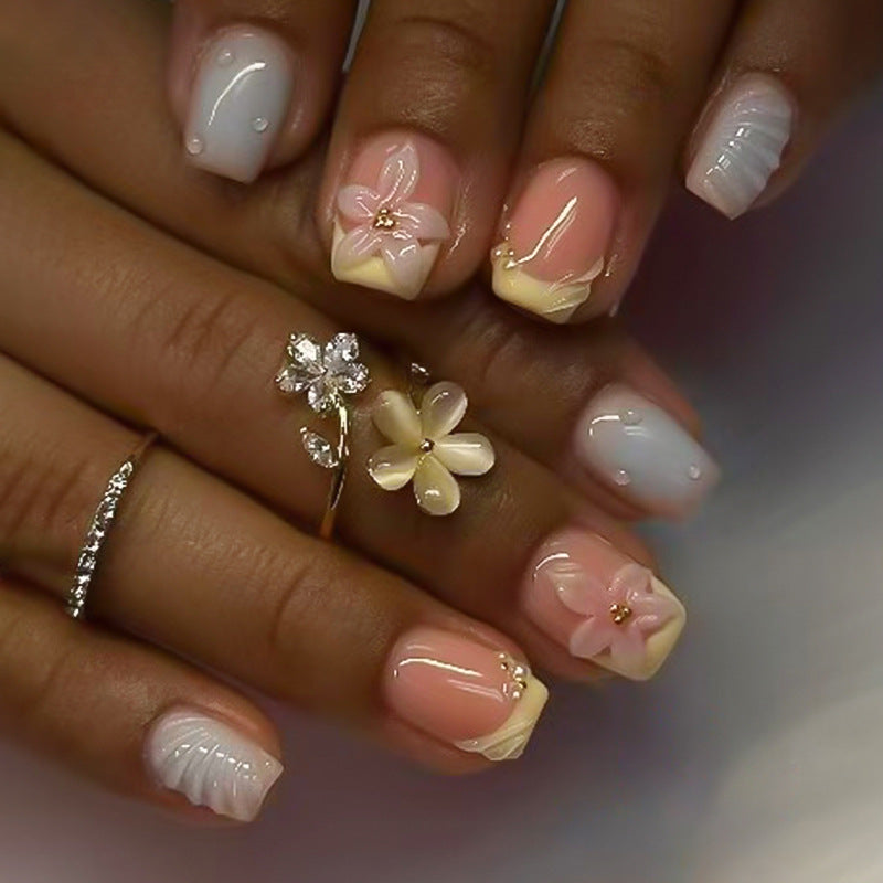 Blossom Elegance Short Square Pink and White Floral Press On Nail Set with Shimmering Accents