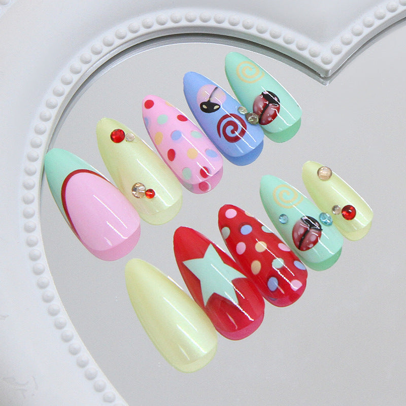Whimsical Charm Long Almond Colorful Pastel Nail Set with Fun Gem Accents