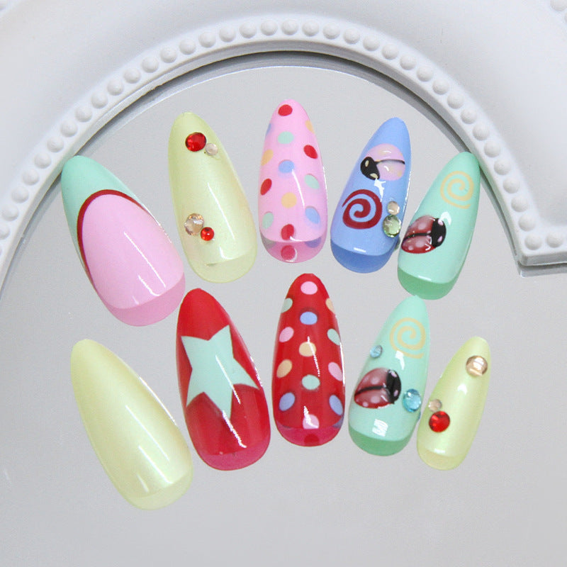 Whimsical Charm Long Almond Shape Multicolor with Playful Gem Accents Press On Nail Set