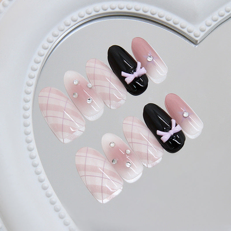 Charming Elegance Long Oval Pink and Black Press On Nail Set with Bow and Gem Accents