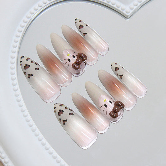Charming Animal Theme Long Almond Pink Ombre Nails with Cute Bow and Leopard Print Accent