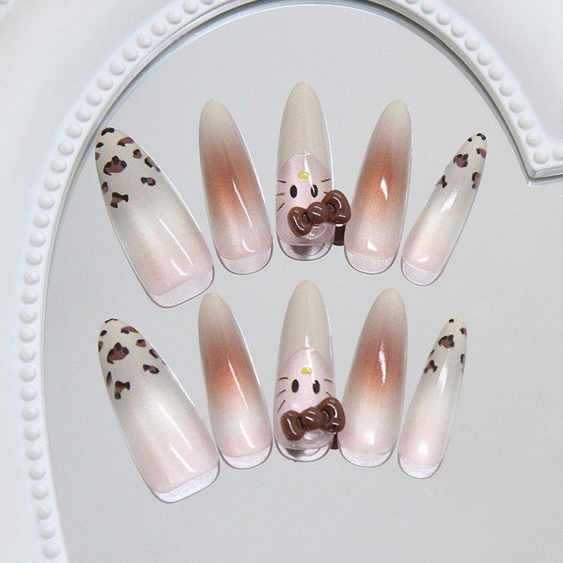 Whimsical Chic Long Almond Pink Ombre with Leopard Print and Cute Bow Accent Press On Nail Set