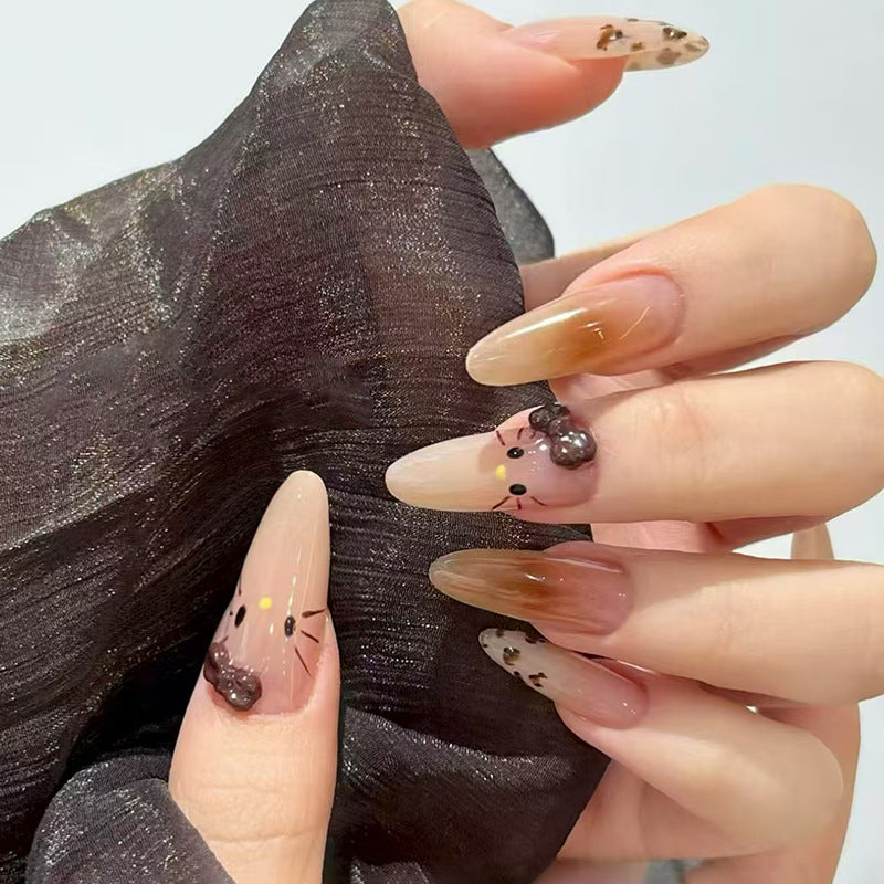 Charming Cat Theme Long Stiletto Ombre Beige with Cute Whisker and Pearl Detail Press on Nail Set