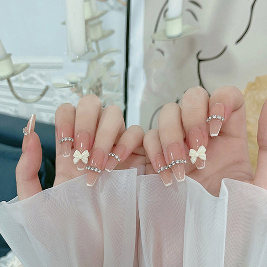 Elegant Bridal Long Coffin Clear Press On Nail Set with Rhinestone Accents and 3D Flower Design