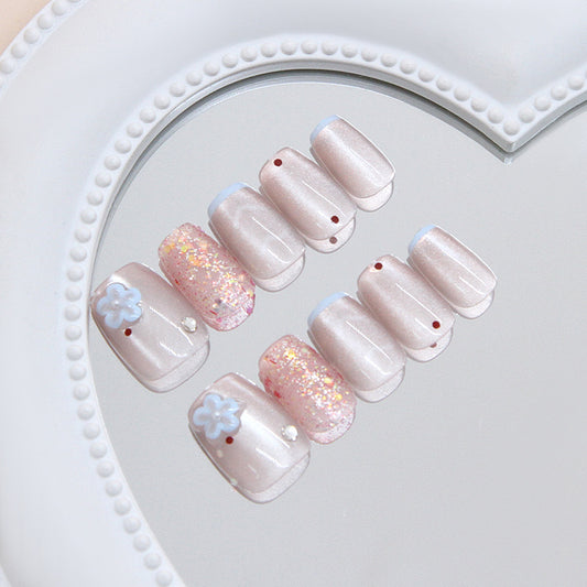 Whimsical Blossom Inspired Medium Square Light Pink Press On Nail Set with Charming Flower Accents