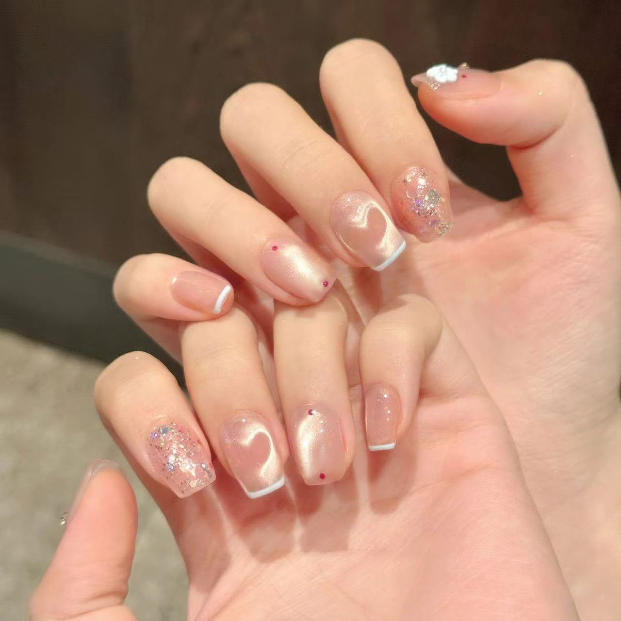 Glimmering Romance Medium Square Shaped Pink with Sparkling Glitter Accents Press On Nail Set