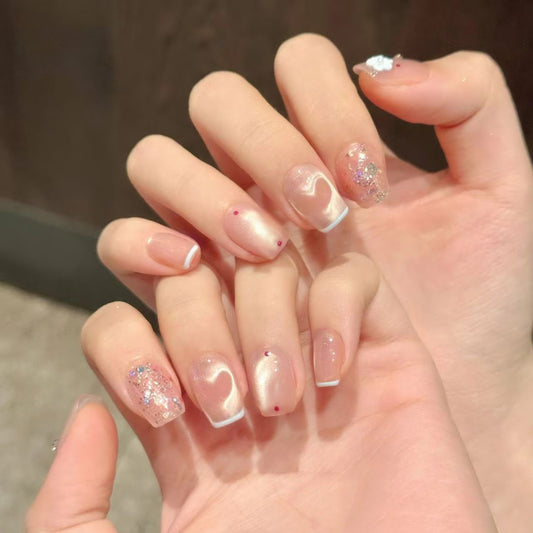 Glimmering Romance Medium Square Shaped Pink with Sparkling Glitter Accents Press On Nail Set