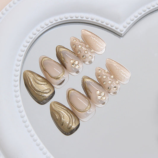 Glamorous Elegance Medium Almond Beige and Gold Press-On Nail Set with Decorative Gems