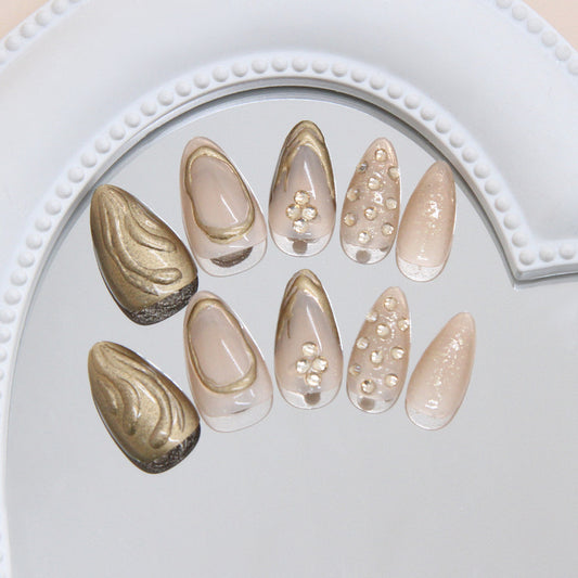 Elegant Opulence Medium Almond Beige with Gold Swirls and Sparkling Details Press-On Nail Set