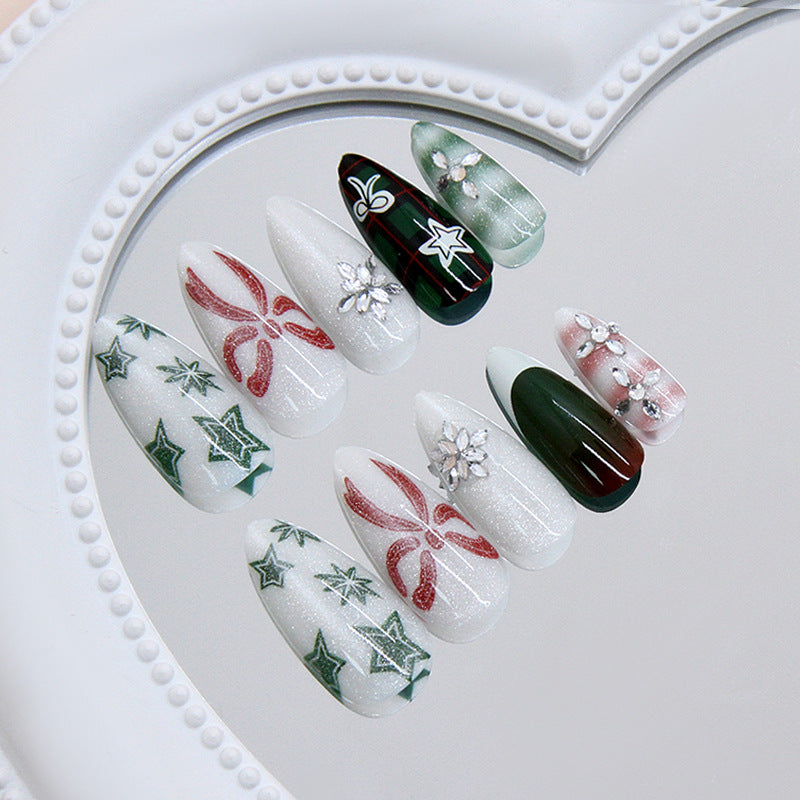 Festive Elegance Long Stiletto Glossy Green and White with Holiday Charm Press on Nail Set
