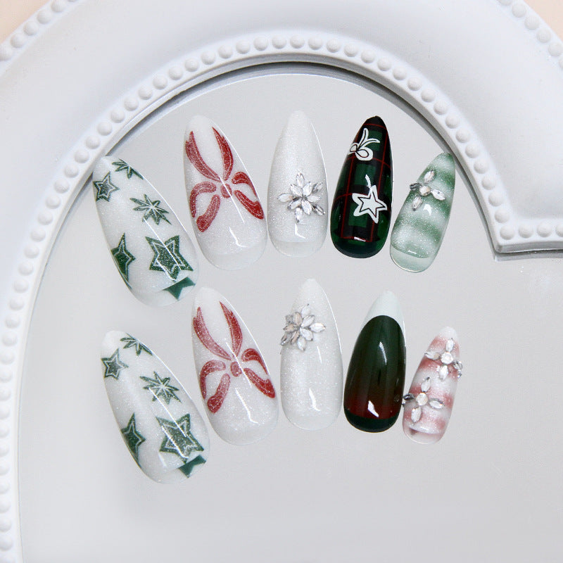 Festive Elegance Long Almond White and Green Glitter with Intricate Holiday Designs Nail Set