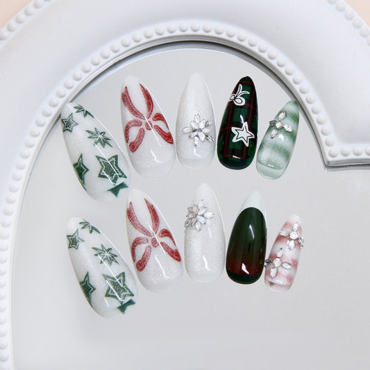 Festive Elegance Long Almond White and Green Glitter with Intricate Holiday Designs Nail Set