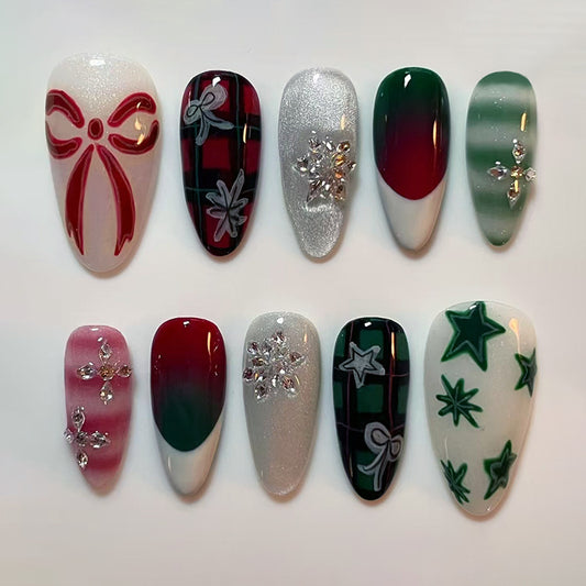 Festive Cheer Long Almond Green and Red Glitter Press on Nail Set with Holiday Themed Decorations