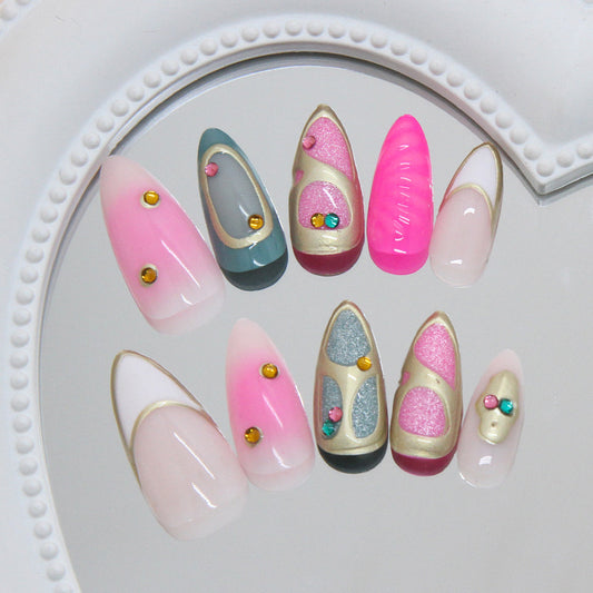 Chic Gemstone Fantasy Long Almond Gradient Pink and Grey Multicolored Press on Nail Set with Unique Metallic Detailing