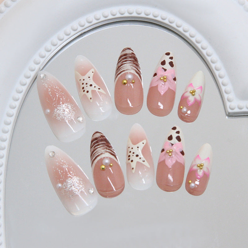 Dreamy Beach Vibes Long Almond Pink and Brown Ombre with Starfish and Floral Accents Press-On Nail Set