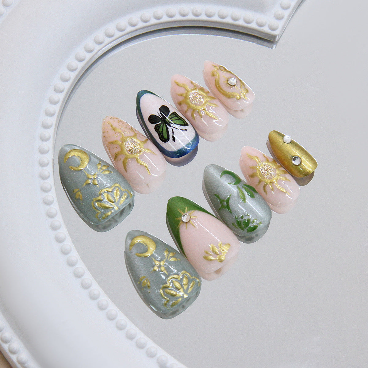 Celestial Elegance Long Almond Mint Green and Pink Floral Press-On Nail Set with Shimmering Accents