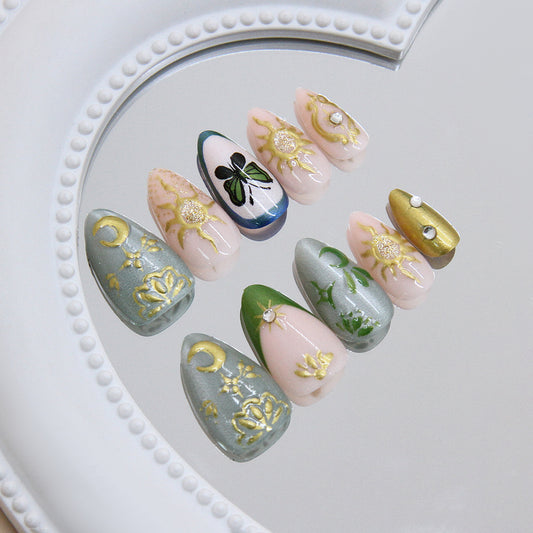 Celestial Elegance Long Almond Mint Green and Pink Floral Press-On Nail Set with Shimmering Accents