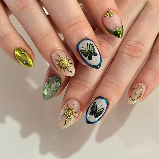 Enchanted Garden Long Almond Shaped Green and Gold Press On Nail Set with Nature Inspired Artistry