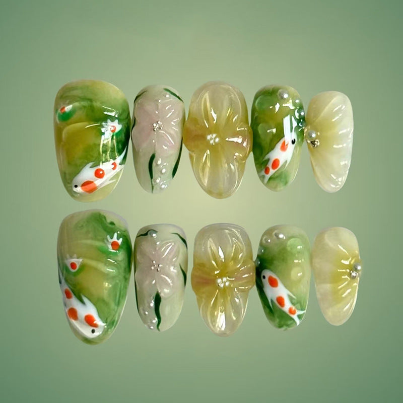 Serene Pond Inspired Medium Oval Green and Translucent Koi Fish Press-On Nail Set with Floral Accents