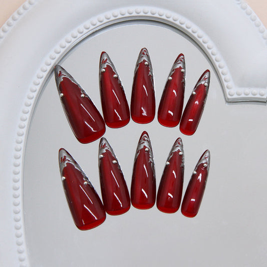 Glamorous Enchantment Long Stiletto Glossy Red Nails with Silver Accent Pearls