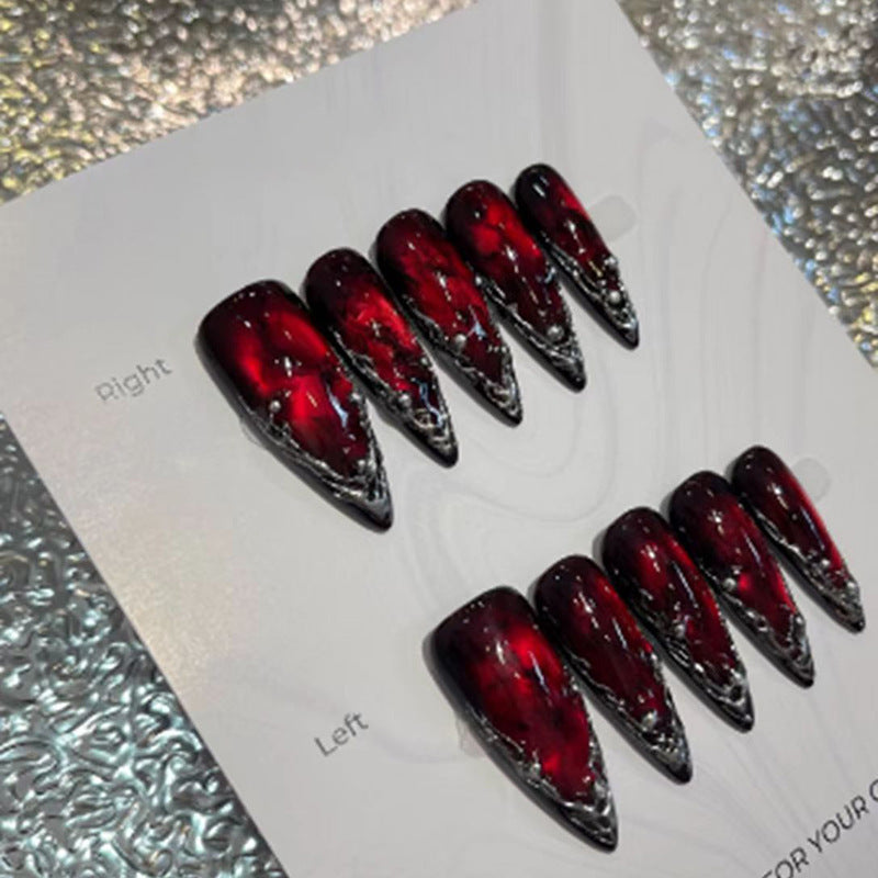 Gothic Elegance Long Stiletto Red and Black Press-On Nail Set with Metallic Accents