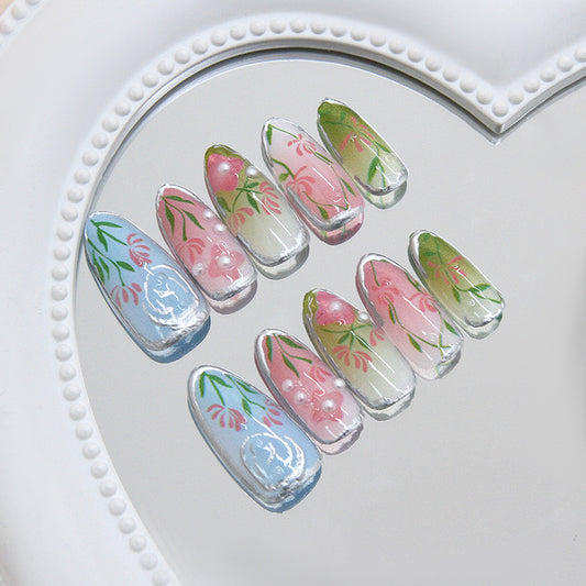 Romantic Garden Long Oval Pastel Pink and Green Floral Design Press On Nail Set