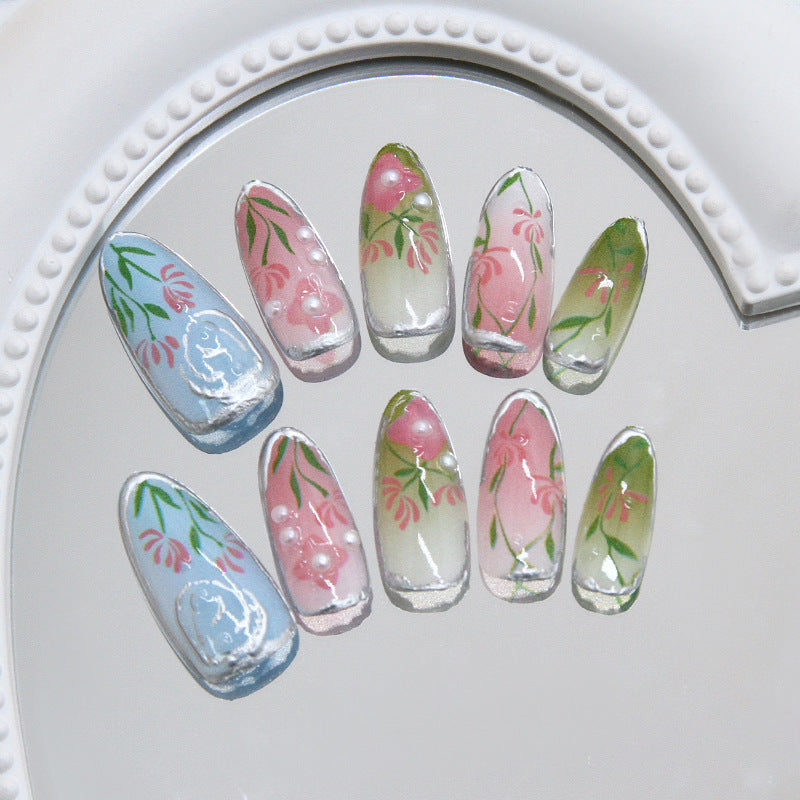 Floral Breeze Elegant Medium Oval Press On Nail Set in Pastel Pink and Blue with Delicate Hand-Painted Flower Design