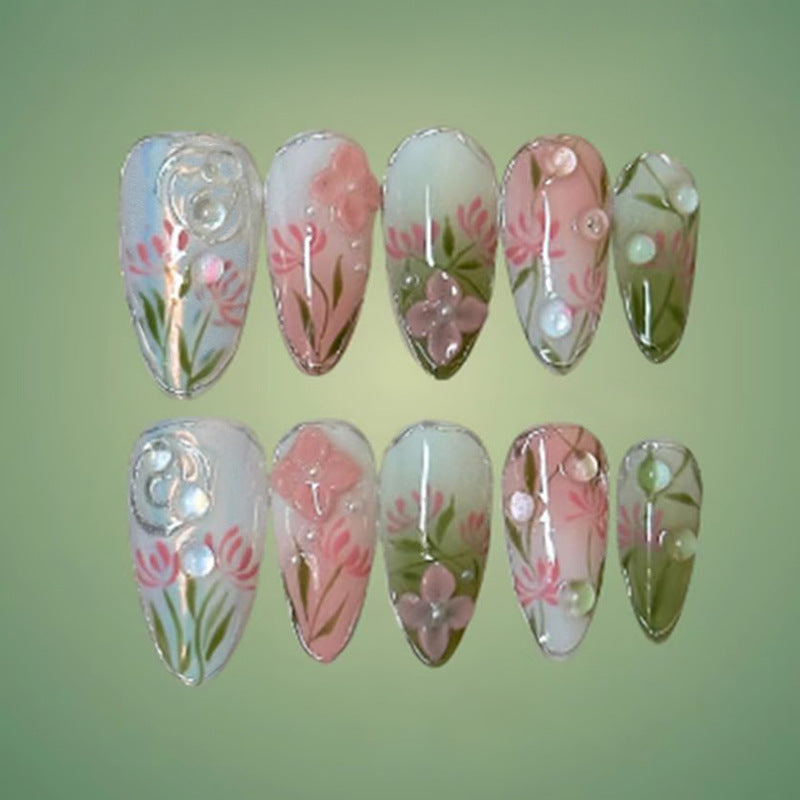 Blooming Elegance Medium Almond Pink and Green Floral Design with Three Dimensional Embellishments Press On Nail Set