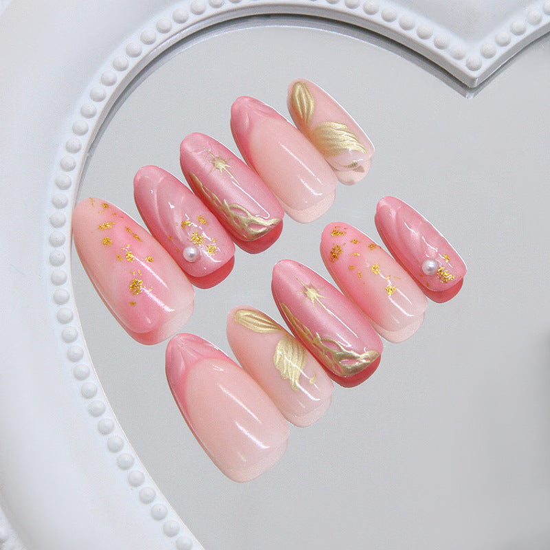 Blossom Dreams Long Almond Pink Press On Nail Set with Elegant Gold Leaf Accents
