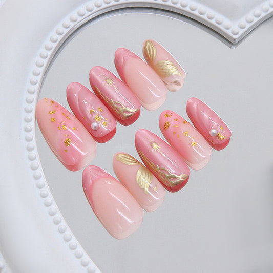 Blossom Dreams Long Almond Pink Press On Nail Set with Elegant Gold Leaf Accents