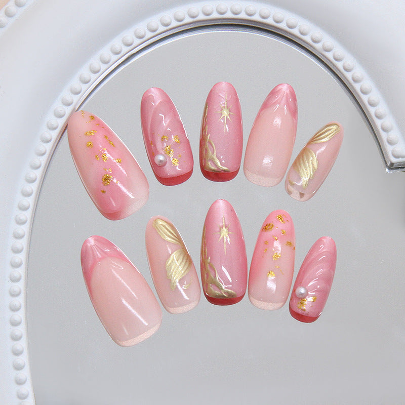 Elegant Garden Blush Long Almond Pink Glossy Nail Set with Gold Accents and Pearl Detailing