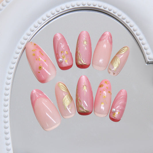 Elegant Garden Blush Long Almond Pink Glossy Nail Set with Gold Accents and Pearl Detailing